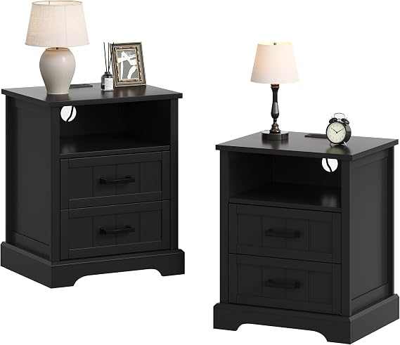 ChooChoo Farmhouse Night Stands with Charging Station 2 Drawers Set of 2 | Wood Nightstand, Bedside Table, Open Storage Shelf, Bedroom, Living Room, Black