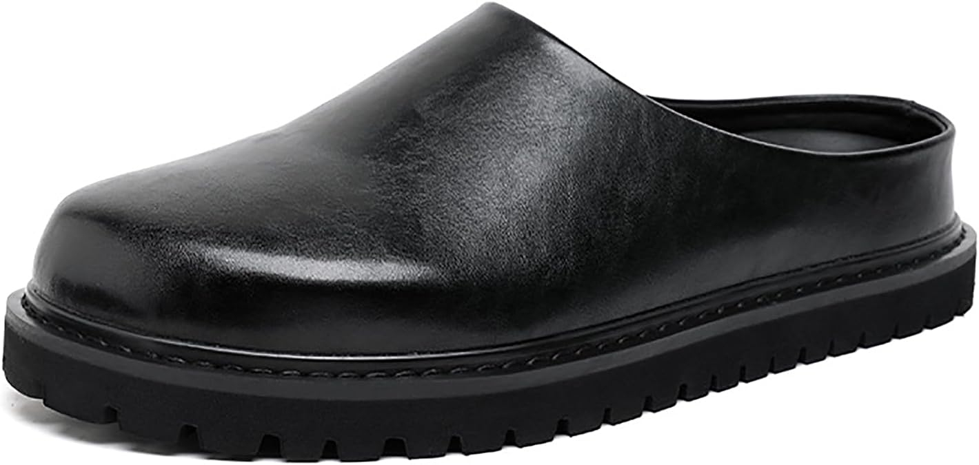 Men's Leather Closed Toe Platform Clogs Mules Casual Round Toe Comfy Backless Non-Slip Thick Sole Slip On Slippers Suitable for Work Walking Traveling