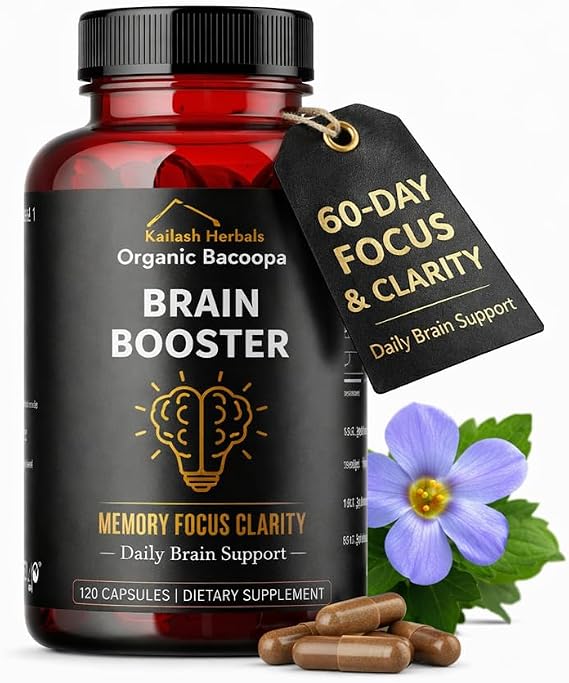 Kailash Herbals Bacopa, Organic Brain Booster, Nootropic Brain Supplement, Bacopa Monnieri/Brahmi, for Mental Sharpness, Focus, Memory, and Cognitive Wellness, 120 Capsules 500mg, 2 Month Supply
