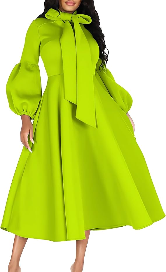 Women's Big Bowtie Lantern Sleeve A-Line Dress High Waist Bowtie Neck Long Sleeve Dress Evening Gown Plus Size