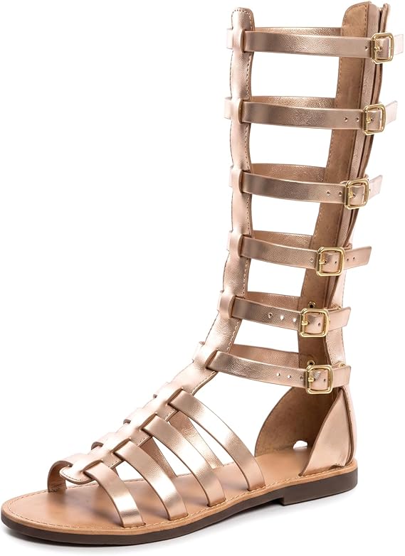 ZKXYFFS Women Gladiator Sandal Summer Casual Black Knee High Roman Flats Buckle Ankle Strap Open Toe Breathable Sandals