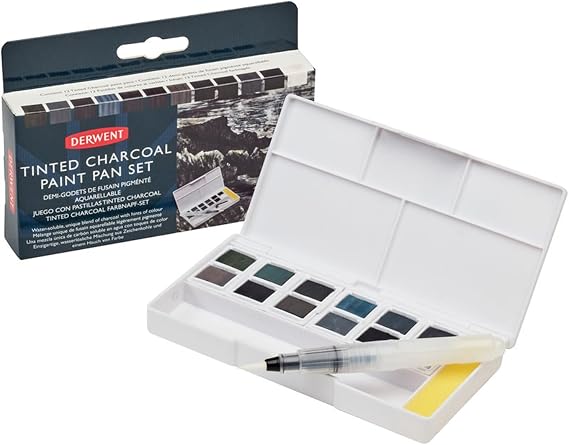 Derwent Tinted Charcoal Paint Pan Set, 12 Paints, Professional Quality, Water Soluble, Blendable, Portable, Includes Palettes, Mini Waterbrush & Cleaning Sponge (2305872)