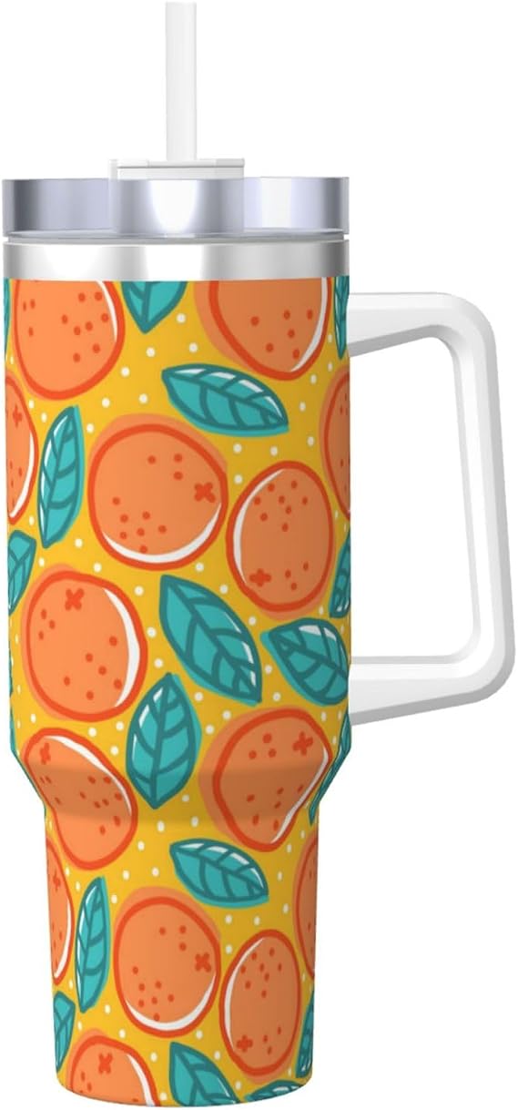 Retro Pattern with Oranges,40OZ Ice Bully Cup with Handle Stainless Steel Mug Water Bottle