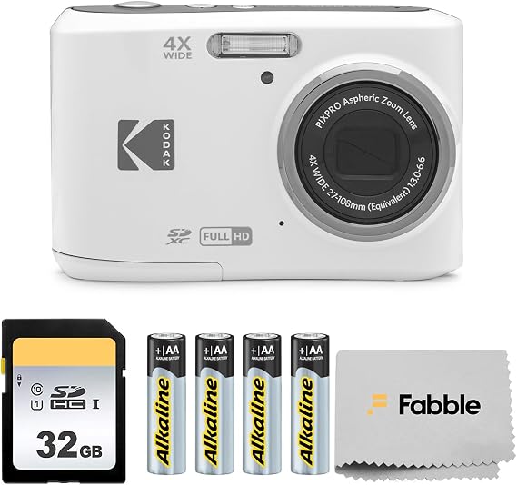 KODAK PIXPRO FZ45 16MP Digital Camera with 4X Optical Zoom 27mm Wide Angle and 2.7" LCD Screen Bundle with 32GB SD Memory Card, AA Batteries (4 Pack), Lens Cleaning Cloth (White)