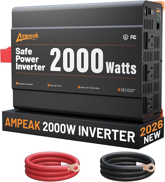 Ampeak 2000W Power Inverter 12V DC to 110V AC, 89% Efficiency | 4000W Surge Peak, 3 AC Outlets, 18W QC + 30W PD USB, Silent Fan, for Car Truck RV Camping