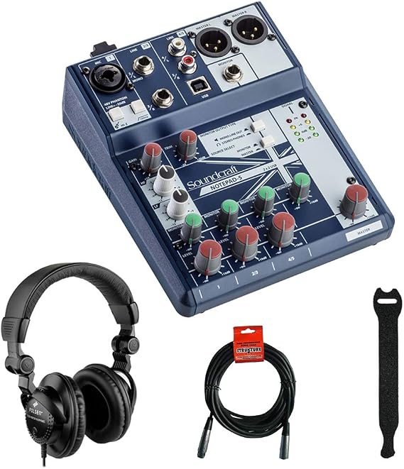 Soundcraft Notepad-5 Small-Format Analog Mixing Console with Polsen HPC-A30 Monitor Headphones, Fastener Straps (10-Pack) & XLR Cable Bundle