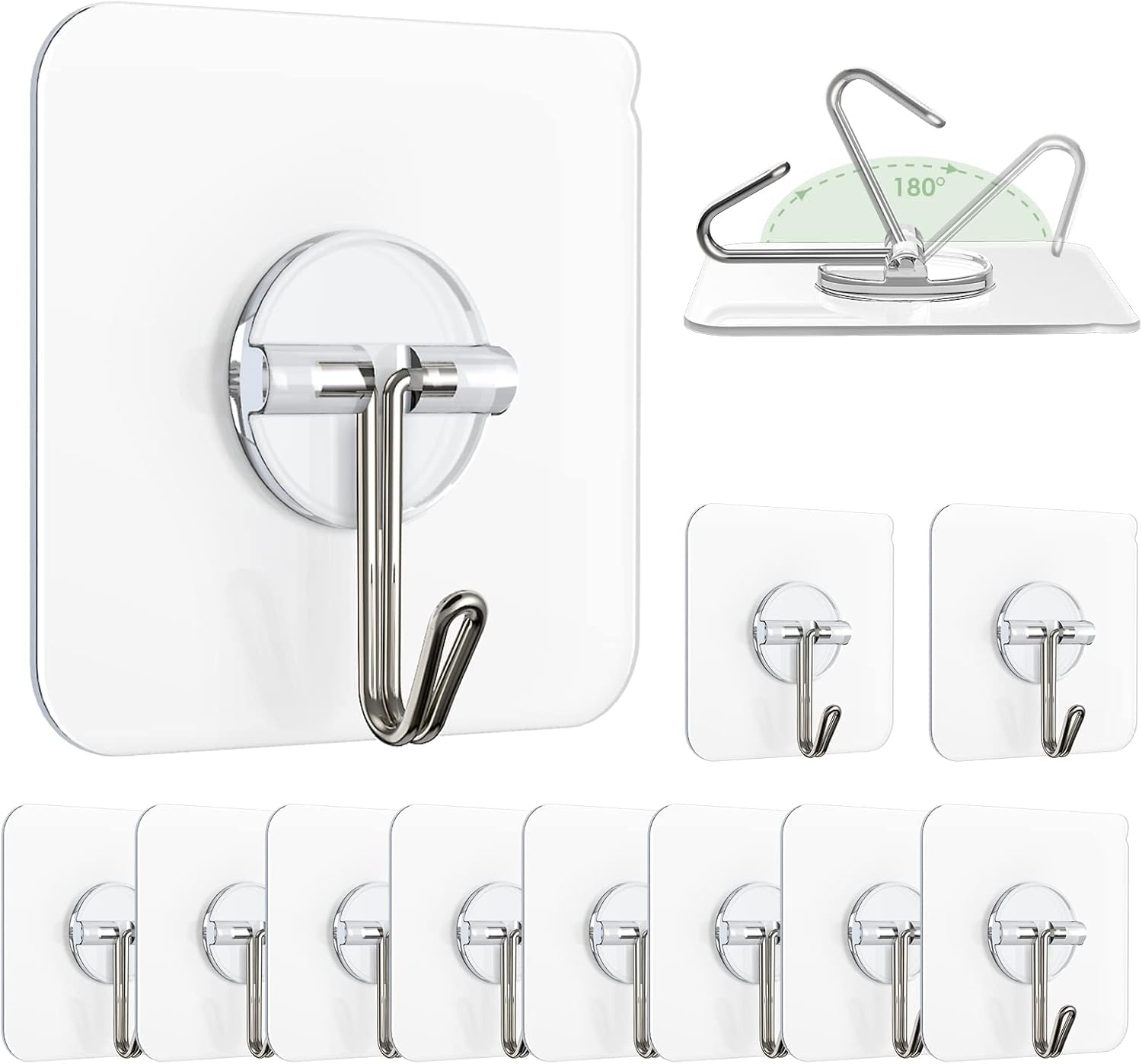 AEE® 10 Pieces Transparent Wall Hanger Non-Waiting Strong Adhesive Behind Door Bathroom Kitchen Organizer Metal Hook Hanger