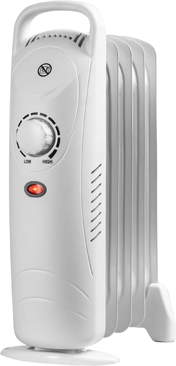 Daewoo Oil Filled Radiators, 650W, Mini, Ideal For Small Rooms, Adjustable Thermostat, Carry Handle, Power Indicator, 5 Fins, Portable And Compact, White