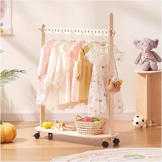 Kids Clothes Rail on Wheels, Childrens Clothes Rack with Storage Shelf, Wooden Fancy Dress Wardrobe for Bedroom, Small Kids Dress Up Rail for Coat, Skirts (S) | Wooden Fancy Dress Wardrobe for Bedroom, Small Kids Dress Up Rail for Coat, Skirts