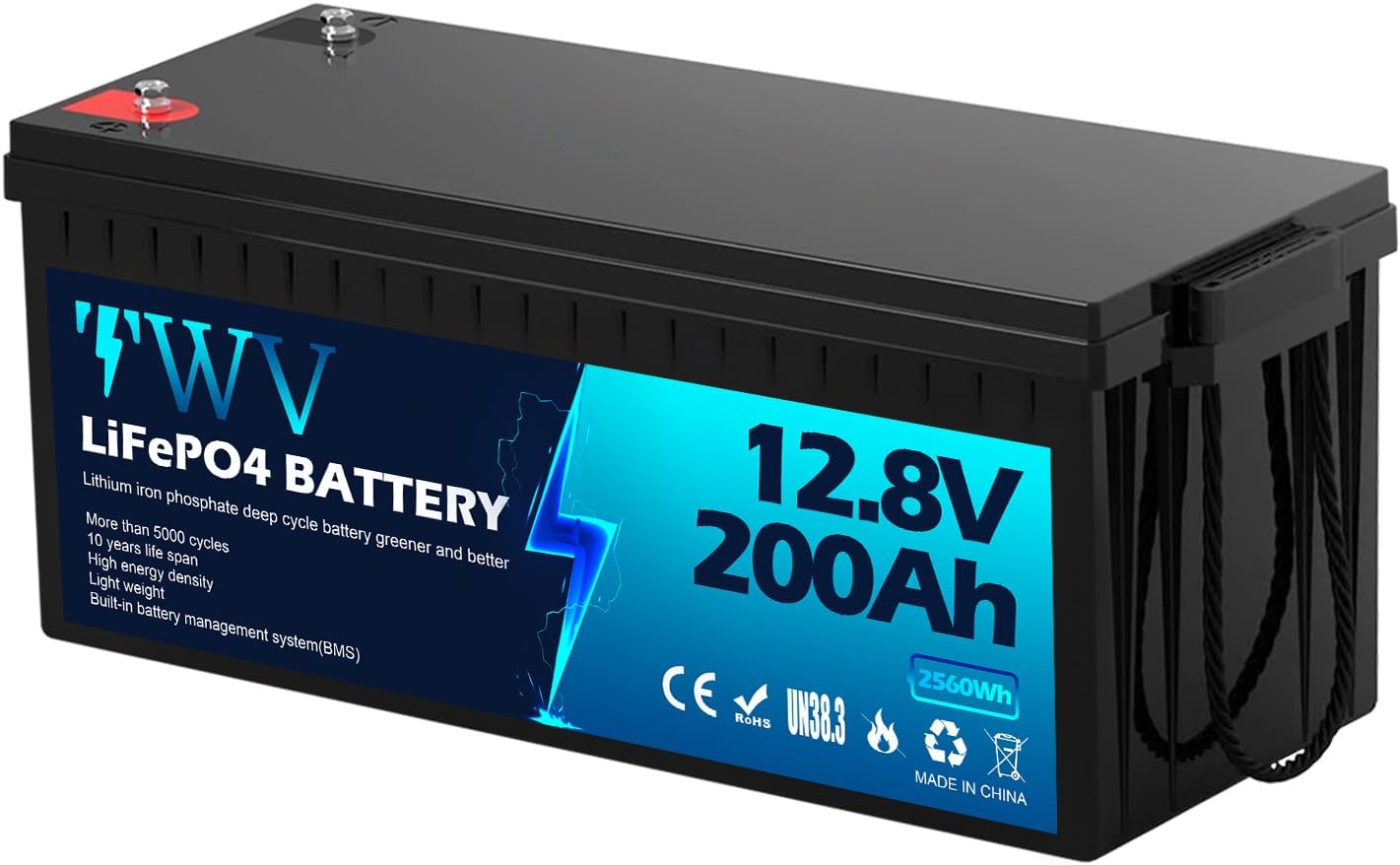 TWV 12V 200Ah LiFePO4 Lithium Battery, Built-in 100A BMS, 5000 Deep Cycles, Perfect for RV, Trolling Motor, Marine, Solar, Off-Grid
