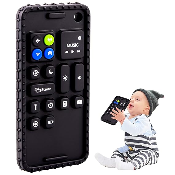 Soft Silicone Baby Cell Phone Teethers | Teething Toys 0-12 Months | Infant Teether for Breastfeeding Baby Boy Girl (Black)
