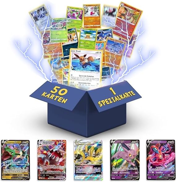Pokemon Cards German 50 Different Original Pokemon Cards + 1 V VMAX VSTAR or Gx + 1 Rare + 3 Holo Rare 1 Random Pikachu Glumanda Bauz Evoli Current Sets + 1 Heartforcards® Toploader