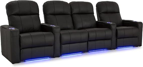 Seatcraft Venetian Home Theater Seating Black Row of 4 Middle Loveseat | Italian Leather, Power Recline, LED Lights, USB-A charging