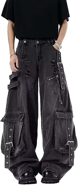 Baggy Cargo Jeans for Men Y2K Low Rise Vintage Distressed Grunge Pant Hip Hop Harajuku Fashion Streetwear with Pocket
