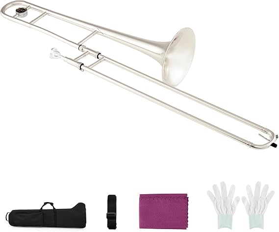 Costzon B Flat Tenor Slide Trombone Brass (Silver) | Ideal for Standard Student Beginner Trombone w/Case, Gloves, Mouthpiece, Portable