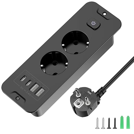 Retractable Socket 2 Compartments with 2 USB-A & 2 USB-C (PD 20W) Built-in Socket with Switch & 2 m Extension Cable - Table Socket for Desk/Black