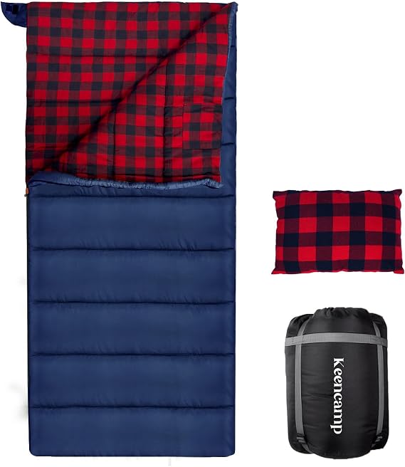 Keencamp 0 Degree Sleeping Bag Cotton Flannel Winter Cold Weather for Adults XXL Sleeping Bag 4 Season Big and Tall with Pillow Compression Sack