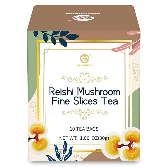 GANOHERB Ganoderma Lucidum Reishi Mushroom Tea | Herbal Tea with Lingzhi Slices for Immune System & Vitality | Caffeine-Free, Sugar-Free | 10 Teabag Count