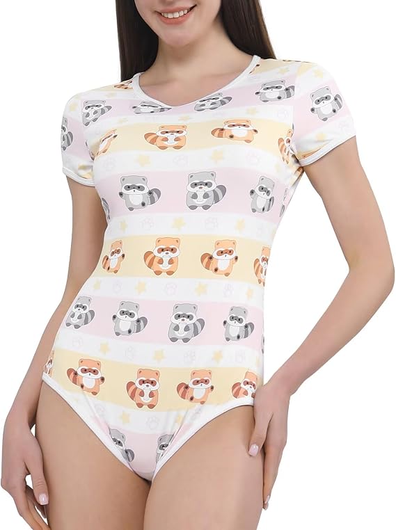 Landofgenie Women's Raccoon Print Bodysuit Short Sleeve Pajama