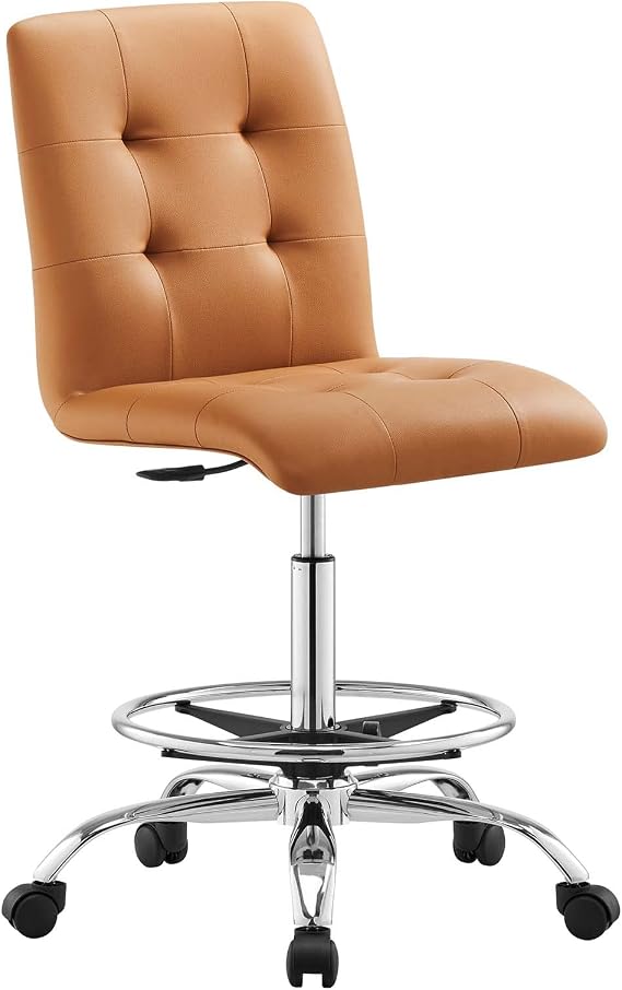 Modway Prim Armless Vegan Leather Drafting Chair in Silver Tan