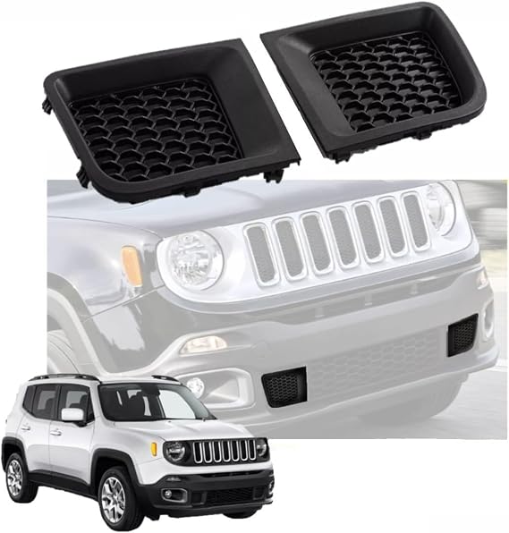 Front Bumper Grille Insert (Set) Compatible with Jeep Renegade 2015-2018 / Middle Grille Trim Outer (LH + RH) / Front Bumper Insert Lower Grille Trim (1 Pair) Black