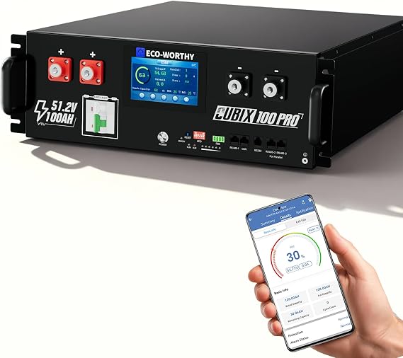 ECO-WORTHY Cubix100 Pro 48V 100Ah Server Rack LiFePO4 Lithium Battery, LED Display, Bluetooth & WiFi Connectivity, Low-Temperature Resistant Cells, for Home Backup Power and Solar Energy Storage
