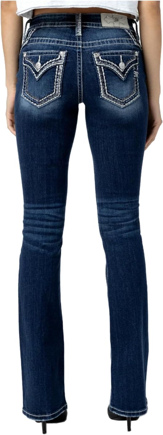 Miss Me Women's Saddle Stitched Nora Faux Flap Pocket Mid-Rise Bootcut Jeans