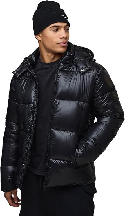 boohooMAN Regular Fit High Shine Puffer Jacket in Black