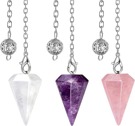 3 Pcs Pendulum Crystal - Natural Amethyst Crystal Rose Quartz White Crystal - Pointed Angel Pendulum with Chain 19 cm - Crystal Pendulum for Healin Divination Meditation Gift