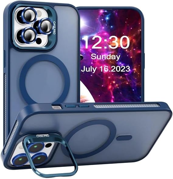 MADNOVA iPhone 15 Pro için Kılıf Kamera Korumalı Magsafe Wireless Şarj Özellikli Lens Hediyeli Mat Şeffaf Renkli Standlı Kılıf (LACİVERT)