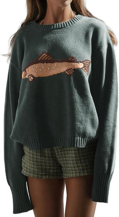 CHARTOU Women Fashion Crew Neck Rib Knit Crucian Carp Graphic Oversized Y2k Pullover Sweater Jumper