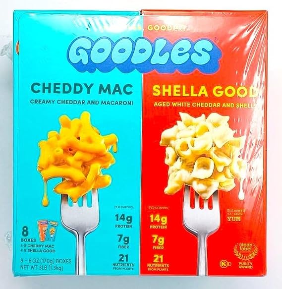 Mac & Cheese Variety Pack. 8 x 6 oz boxes. 4 Cheddy Mac & 4 Shella Good. 14g Protein, 6g Fiber with Prebiotics, 21 Plant-Based Nutrients and Made with Real Cheese.