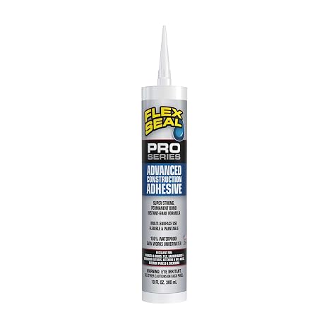 Flex Seal Construction Adhesive, Advanced Glue, Waterproof, Permanent Bond, Instant-Grab, Multi-Surface Indoor/Outdoor, Paintable, Flexible, Use Underwater, Gap-Filling, 10 fl oz Cartridge