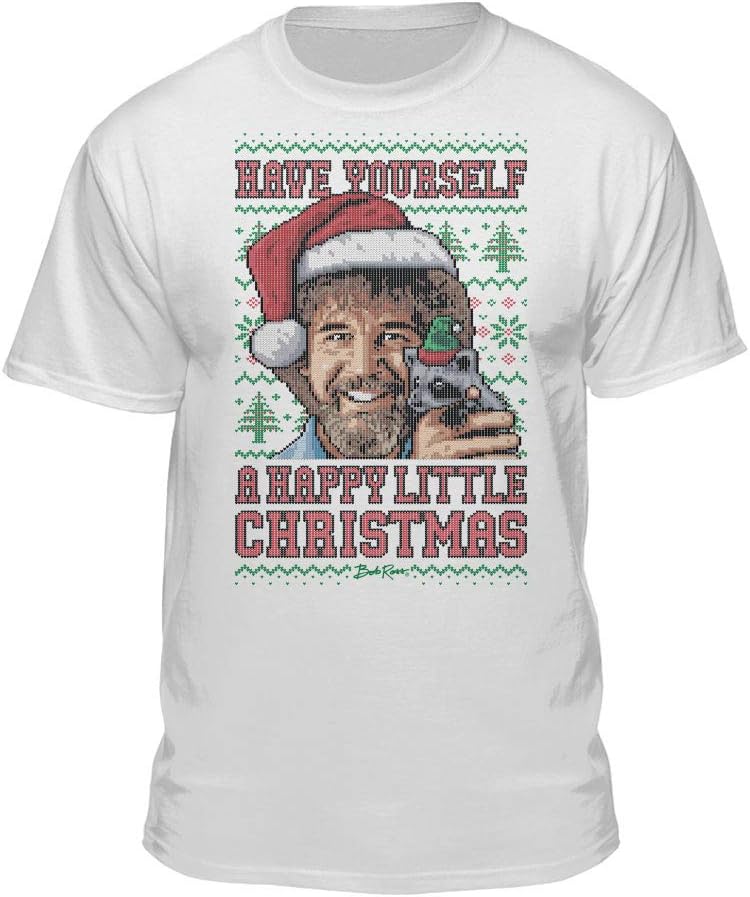 Teelocity Bob Ross Happy Christmas Sweater Graphic T-Shirt