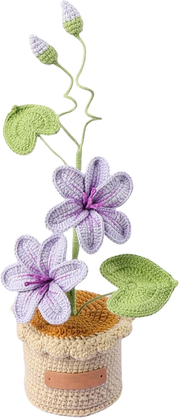 11.4 inch Crochet Large Potted Flowers Artifical Lotus Knitted Flower Decor for Car Dashboard Handmade Home Office Decoration,Gift for Friends Women (Red) (Light Purple)