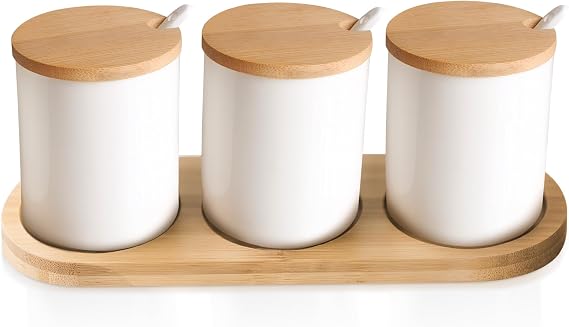 Condiment Containers with lids 3 pack Seasoning Box Condiment Pots Jars with Spoons Container for Spice Salt Sugar Cruet