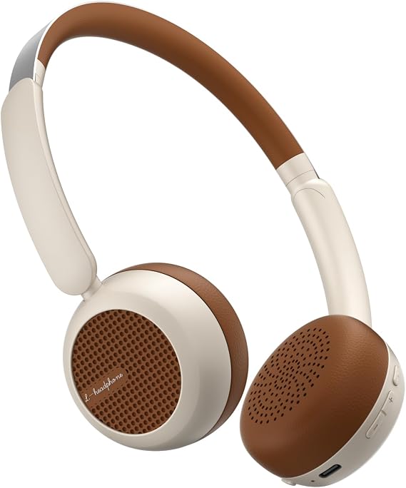 Micool Retro On-Ear Wireless Headphones with Long Battery Life, Hi-Fi Audio Headset Bluetooth 5.4, Noise Cancelling Bluetooth Headphones with Comfortable Earpads for Travel Work Gym (White & Brown)
