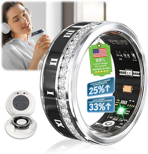 Diamond Smart Ring and Wireless Charging Case Industry Rank 1-1 Measurement Error Smart Ring for Women for man - Advanced Health Tracker for Wellness and Activity Tracking, Sliver 10#