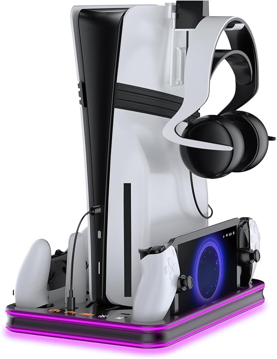 PS5 Pro/Slim/PS5 Stand ve Soğutma İstasyonu, RGB Aydınlatma Kontrolörlü Şarj İstasyonu, Playstation 5 Konsolu için, PS Portal Şarj Yuvası, 3 Seviyeli Soğutma Fanlı PS5 Pro Aksesuarları (Siyah)