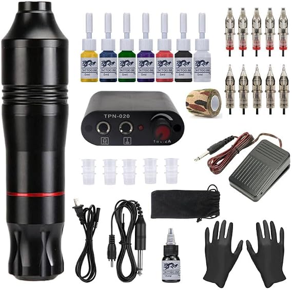 Tattoo Machine Kit Professional Tattoo Kit Tattoo Pen Kit Complete Tattoo Gun Kit 10 Tattoo Cartridge Needles Tattoo Supplies for Beginner Black