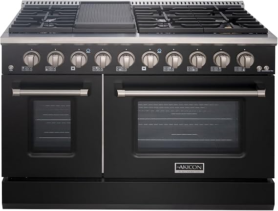 Akicon 48" Slide-in Freestanding Professional Style Gas Range with 6.7 Cu. Ft. Oven, 8 Burners, Convection Fan, Cast Iron Grates, Blue Porcelain Oven Interior, In Black with Stainless Steel
