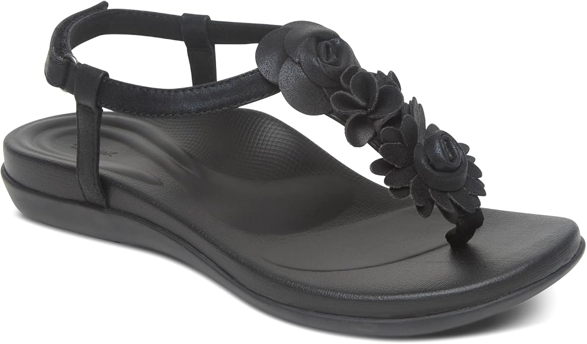 Aetrex Women's Charli Water-Friendly Orthopedic Leather Thong Sandals for Women - Arch Support Adjustable Floral Embellished Flat Sandals for Women w/Pressure Relief Design