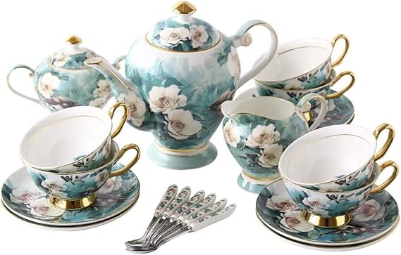 Ceramics Coffee Cup Saucer Set with 21 Pieces Home Porcelain Tea Set with Dish and Teapot Cuckoo Pattern European Style Tea Cup and Saucer Set