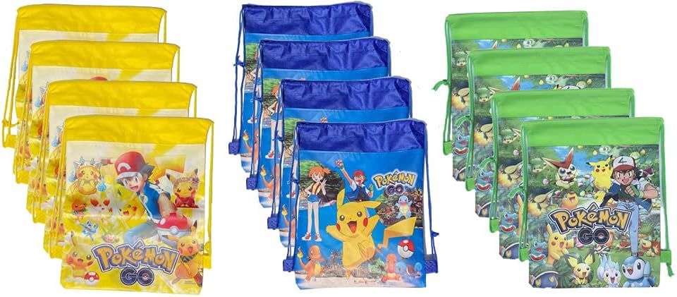 Pokemon Party Gift Bags Decorations for Kids Drawstring Gift Bag Goodies Green Yellow Blue 12 Pack