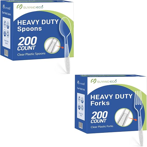 400 Count Plastic Spoons and Forks Heavy Duty Clear Disposable Spoon with Engraved Design