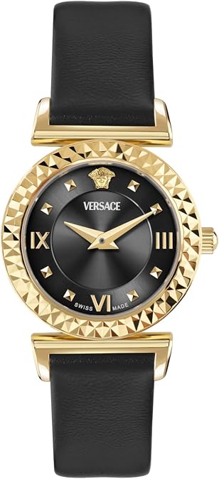 Versace Mini Vanity Collection Luxury Womens Watch Timepieces with a Black Strap and Dial Featuring a Gold Case