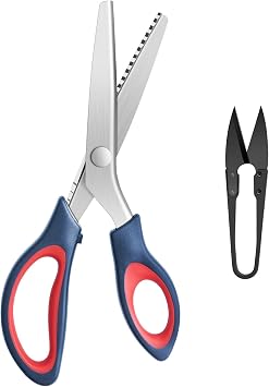 KUONIIY Pinking Shears, Zig Zag Scissors Set, Professional Serrated Scissors for Cutting Fabric, Suitable for Tailor, Including 9.4 inch Pinking Shears, 4.1 inch Thread Cutter, Dark Blue Red