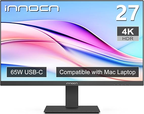 INNOCN 27" 4K USB-C Monitor for Laptop MacBook/Mac mini - 16:9 IPS 3840 x 2160 Display, HDR400, DeltaE<2, DisplayPort, HDMI PC Monitor, 1.07B+ Colors, Built-in Speakers, Adjustable Stand, Black