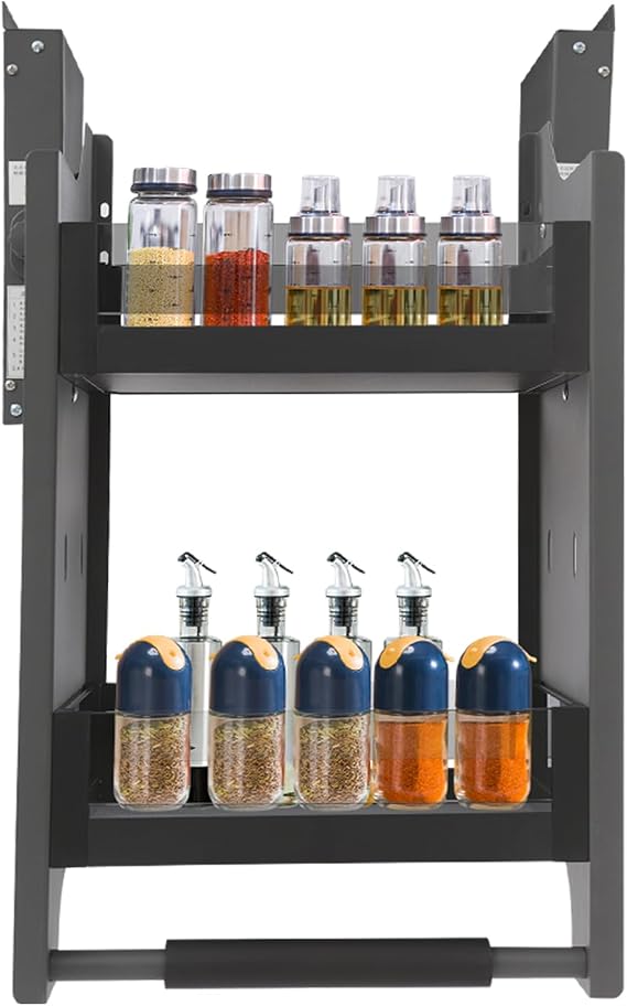 Pull Down Cabinet Organizer, 2-Tier Lowering Basket Rack for 16.14-17.72" Wide Cabinet, 4-stage Weight Knob 3-Stage Buffer Tempered Glass Pull-Out Kitchen Storage Shelf, 16.14*11.02*21.26in Dark Grey