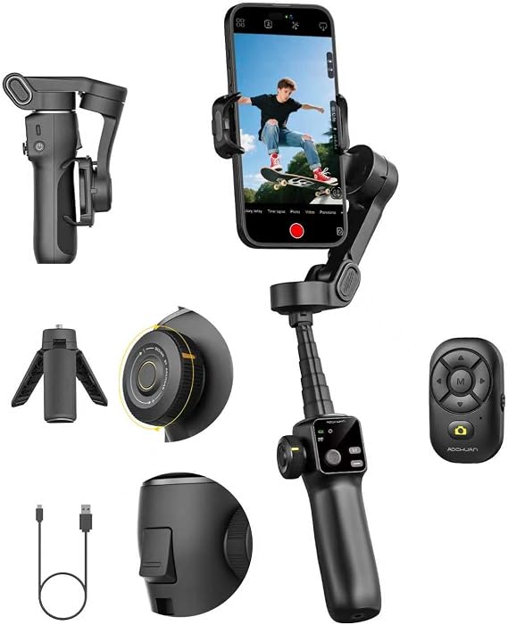 AOCHUAN Gimbal Stabilizer for iPhone w/Bluetooth Remote, 3-axis Phone Stabilizer w/7.8 Extension Rod, AI Face Tracking Smartphone Gimbal, Gesture Control for Video Shooting - Smart V8 Kit Black